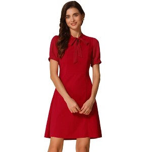 INSPIRE CHIC Women's Bow Tie Keyhole Neck Puff Sleeve Elegant Work Dress - 1 of 4