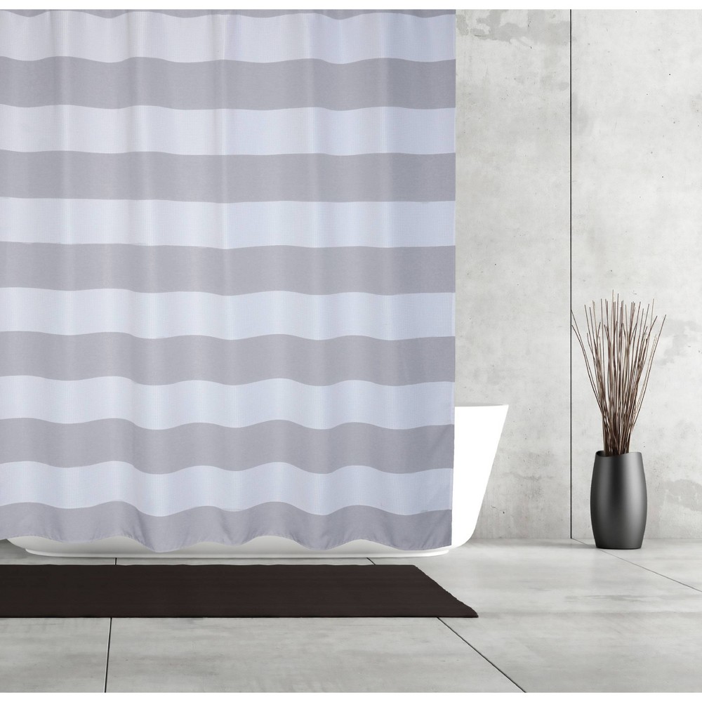 Queen Striped Waffle Linen Look Shower Curtain Gray - Moda at Home: Polyester, Grommet Top, Machine Washable