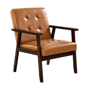 VEVOR Accent Chair, Mid Century Modern Armchair with Solid Wood Frame and Non-Slip Legs, Upholstered Leisure Chair with PU Leather, Brown - 1 of 4