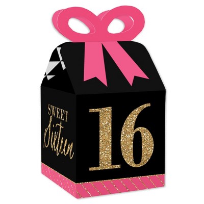 Big Dot of Happiness Chic 16th Birthday - Pink, Black and Gold - Square Favor Gift Boxes - Birthday Party Bow Boxes - Set of 12