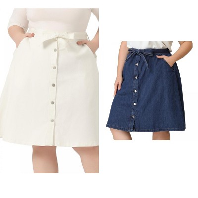 Agnes Orinda Women's Plus Size Tie Waist Button Front Pockets A-Line Midi Denim Skirts