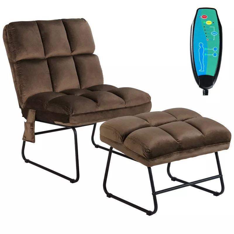 Costway Massage Chair Velvet Accent Sofa Chair w/ Ottoman & Remote Control Brown