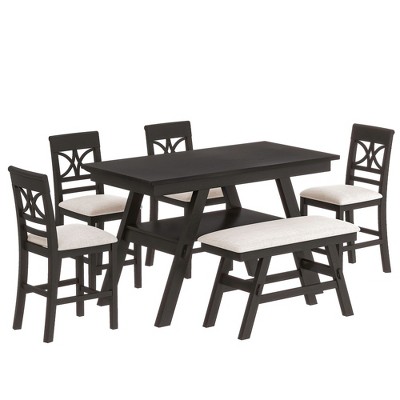 NicBex 6-Piece Dining Table Set with 4 Dining Chairs & Long Bench Modern Wooden Kitchen Table with Open Storage Shelf for Dining Room