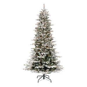 Puleo 6.5ft Pre-Lit Flocked Alaskan Fir Artificial Christmas Tree: Hinged Branches, 350 Clear Lights, Metal Base - 1 of 4
