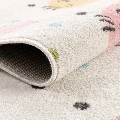 Ivory Round Kids Rug with Colorful Cat Faces