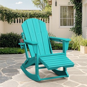 Adirondack Rocking Chair with Retractable Ottoman and Cup Holder, All Weather HDPE Folding Adirondack Chair,Fire Pit Chair for Porches, Patios - 1 of 4