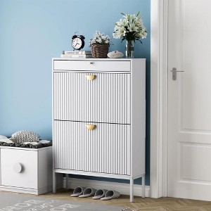 Brafabhome Freestanding Nature Shoe Storage Cabinets with Drawer, Slim Entryway Shoe Organizer with 2 Flip Sun Pattern Doors for Slippers | 12 Pairs - 1 of 4