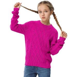 Girls Long Sleeve Cable Knit Sweater Crewneck Pullover Sweaters Kids Chunky Cute Fall Jumper Tops - 1 of 2
