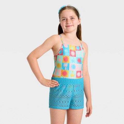 Cat & Jack Girls' Tropical Checker Swimwear Set - Cat & Jack™ M