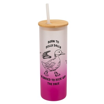 Elanze Designs Born To Dilly Dally Pick Up The Pace Pink Frosted Gradient Glass Tumbler with Bamboo Lid & Straw 25 ounce Reusable Iced Coffee or Water