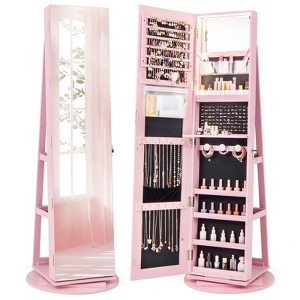 Tangkula 360° Rotating Mirrored Jewelry Cabinet Armoire 3 Color LED Modes Lockable - 1 of 4