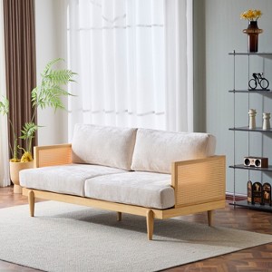 ModernLuxe 3-Seater Sofa, 72"W Boucle Sofa Couch with Square Arm, Wooden Frame and Cane Rattan Decor - 1 of 4