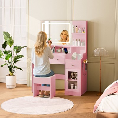 LIKEPAY Vanity Desk with Mirror, Power Outlet, Hair Dryer Bracket, Makeup Table with 2 Drawers,3 Color Modes Available for Bedroom