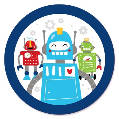 Big Dot of Happiness Gear Up Robots - Birthday Party or Baby Shower Circle Sticker Labels - 24 Count