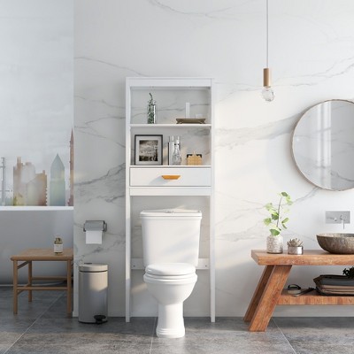 CAVINAS Over The Toilet Storage Cabinet with 2 Adjustable Shelves&1 Drawer,Matte White Finish Toilet Cabinet for Bathroom,Space-Saving Organizer