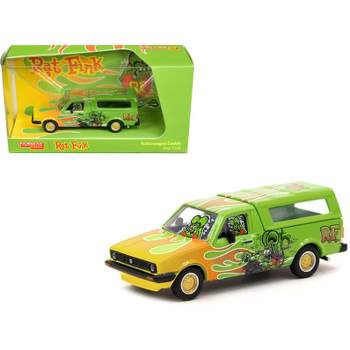 Volkswagen Caddy Truck w/Camper Shell Green with Flames and Graphics "Rat Fink" 1/64 Diecast Model Car by Schuco & Tarmac Works