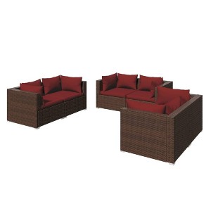 vidaXL 6-Piece Patio Lounge Set - Modular Design Outdoor Furniture with Thick Cushions, Water-Resistant PE Rattan - Brown with Cinnamon Red Cushions - 1 of 4
