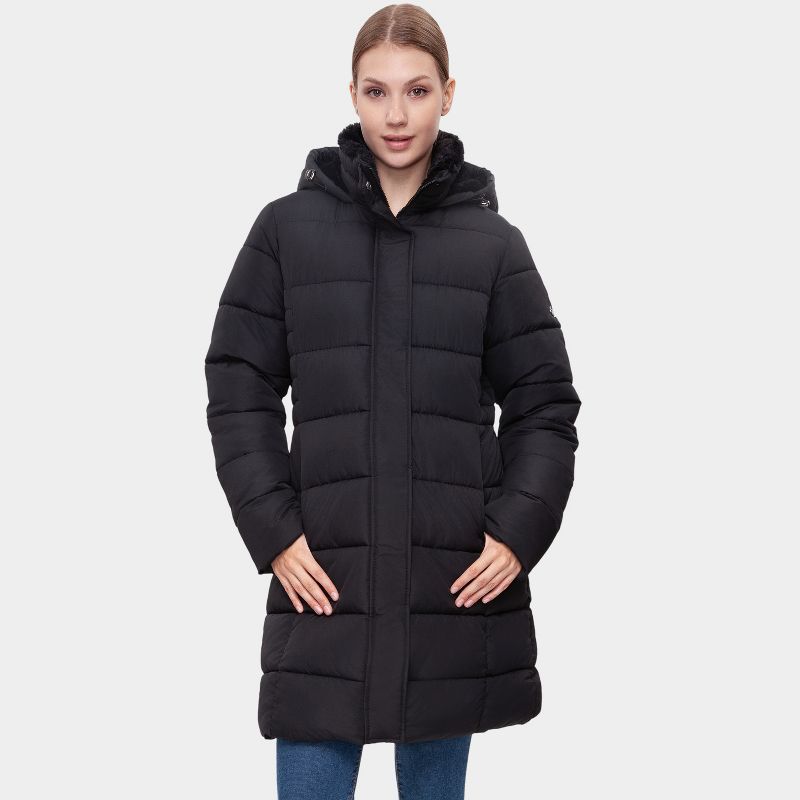 Rokka&Rolla Women's Insulated Long Winter Coat Fleece Hood Parka Jacket-Black, size Small
