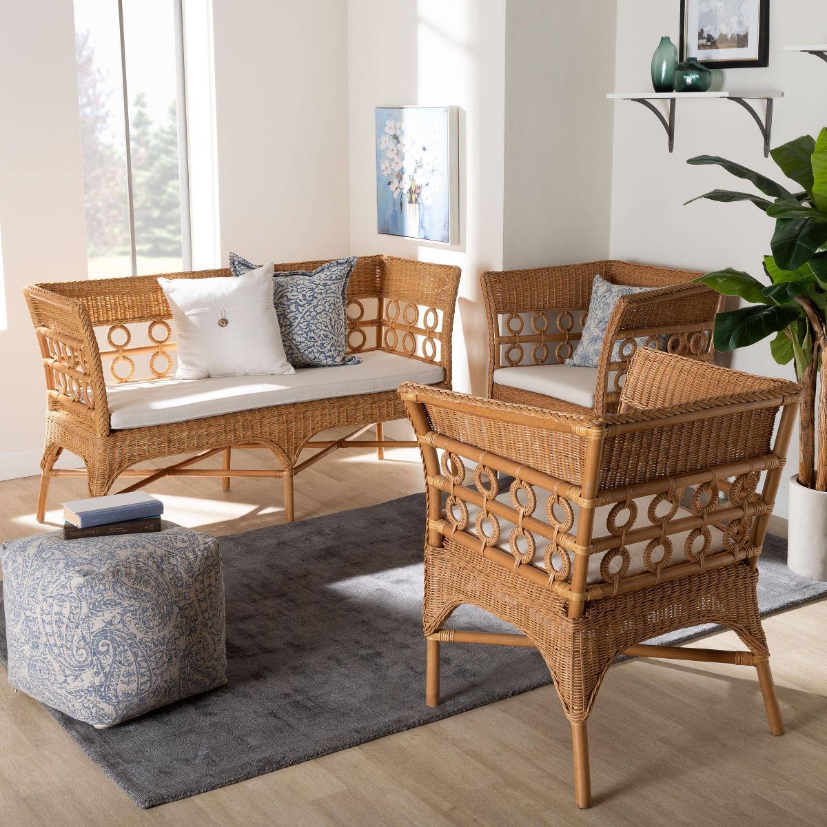 bali & pari Oxford Bohemian Rattan 3  Piece Living Room Chair Set Light Honey - thumbnail 3