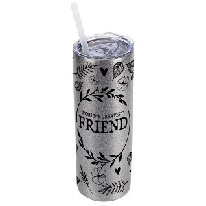 Elanze Designs Floral Silvertone Sparkle 20 Ounce Double Wall Stainless Steel Glitter Travel Tumbler With Sliding Lid And Straw, World's Greatest - 1 of 4