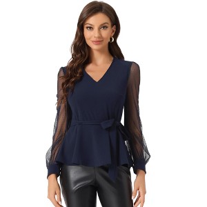INSPIRE CHIC Women's Tie Waist Peplum Ruffle Hem Party V Neck Mesh Long Sleeve Blouse - 1 of 4