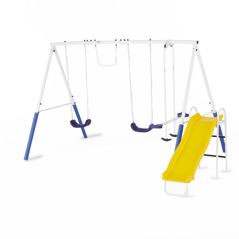 XDP Recreation Blue Ridge Metal A-Frame Kids Swing Set with 6 Child Capacity Outdoor Backyard Home Playground with Slide and 3 Swing Types, Blue, 1 of 7