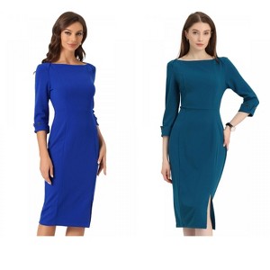 INSPIRE CHIC Women's Elegant Boat Neck 3/4 Sleeves Work Midi Split Sheath Dress 2 Packs - 1 of 4
