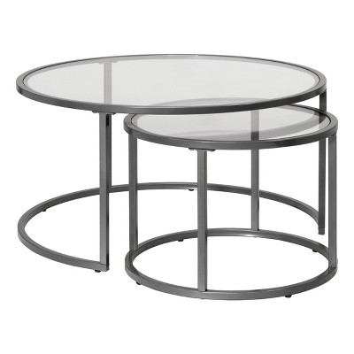 Round Pewter Metal and Glass Nesting Coffee Table Set
