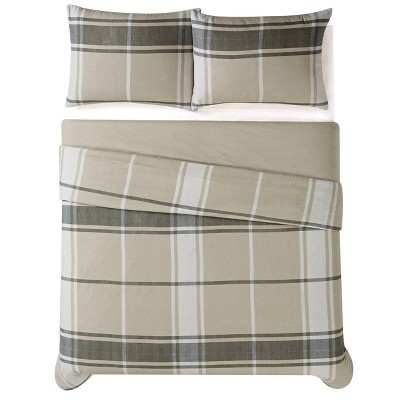 Preston Plaid Khaki and Gray Cotton Flannel Full/Queen Bedspread Set