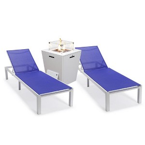 LeisureMod Marlin Modern White Aluminum Patio Chaise Lounge Chair with Square Fire Pit Side Table Set of 2 - 1 of 4