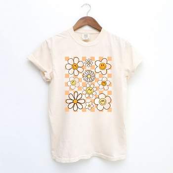 Simply Sage Market Women's Checkered Smiley Face Flowers Short Sleeve Garment Dyed Tee
