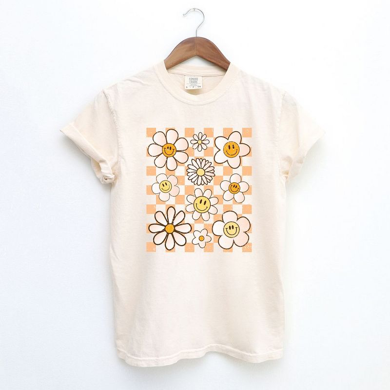 Simply Sage Market Women's Checkered Smiley Face Flowers Short Sleeve Garment Dyed Tee, 1 of 4