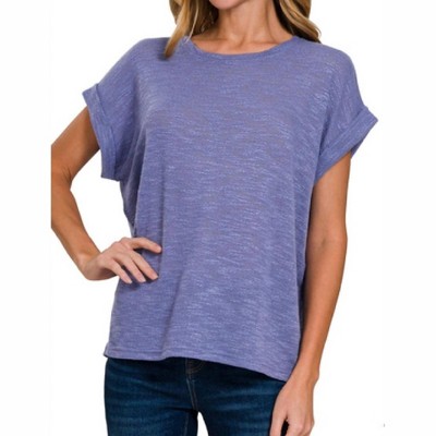 Women's Hacci Slub Knit Short Sleeve Top - Periwinkle - ZENANA