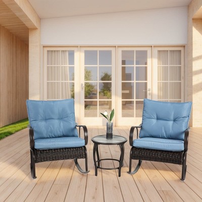 3 Piece Patio Furniture Set Rocking Bistro Set with Rattan Chairs and Coffee Table for Garden Balcony Backyard Patio Seating Sets-The Pop Home