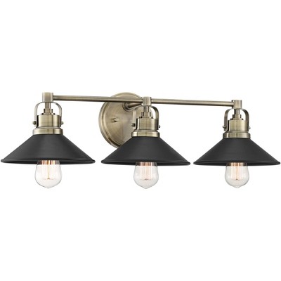 Possini Euro Design Industrial Wall Light Antique Brass Hardwired 27" Wide 3-Light Fixture Black Shade for Bathroom Vanity Mirror