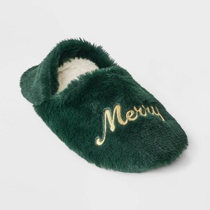 Adult Embroidered Faux Fur Christmas Slipper Socks with Grippers - Wondershop™ - 1 of 4