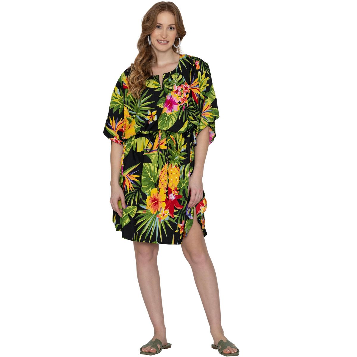 LA LEELA Summer Rayon Blend Women Vacation Cover Up Dress Holiday Resortwear Cruise Pregnancy Wear Comfortable Style 2X-3X Black Leaf