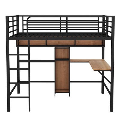 Whisen Modern Full Size Metal & Wood Loft Bed with L-shaped Desk and Shelves - Black & Walnut