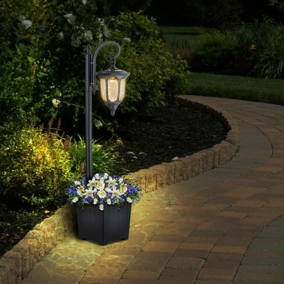 Black Solar Lamp Post with Planter and Crackle Glass Shade