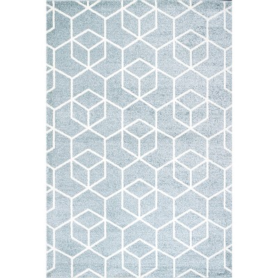 Light Blue and White Geometric Synthetic 5x8 Area Rug