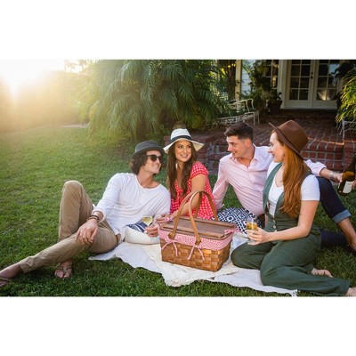 Kansas Large Handwoven Wood Picnic Basket with Red and White Gingham Pattern