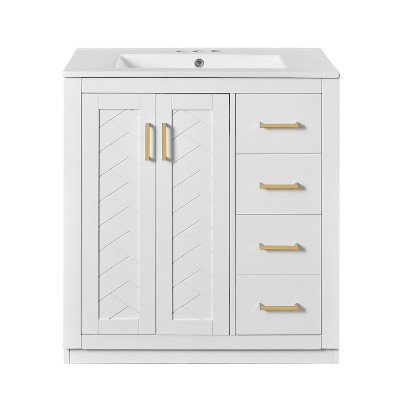 Vynxaria 30 inch Pure White Retro Single Sink Freestanding Bath Vanity with White Ceramic Top Three Full Extension Drawers Two Soft Close Doors