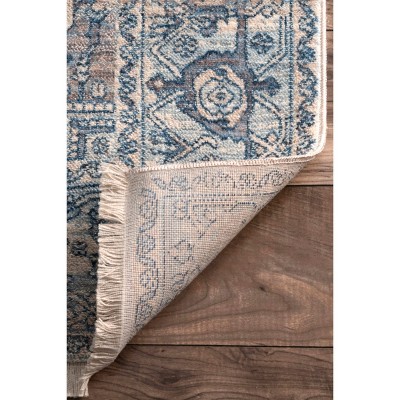 Light Blue Vintage Medallion Fringe Easy-Care Runner Rug
