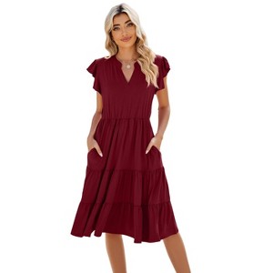 Clearlove Women's Summer V-Neck Vintage Bell Sleeve Midi Dress High Waist A-Line Maxi. - 1 of 4