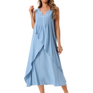 INSPIRE CHIC Women's Summer Sleeveless V Neck Button Decor Flowy Maxi Tank Beach Dress - 1 of 4