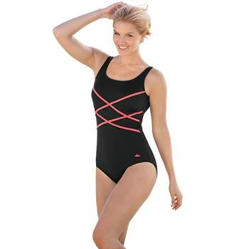 Swim 365 Women's Plus Size Zip-Front One-Piece With Tummy Control - 14,  Black