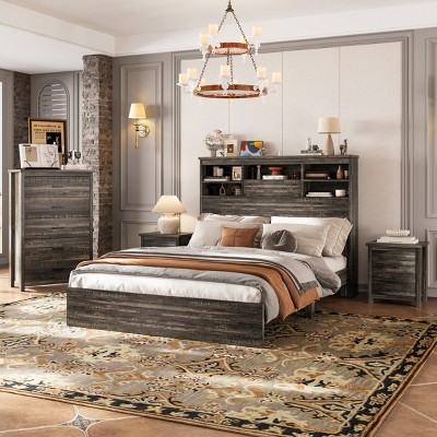 4-Pieces Bedroom Sets, Queen Size Vintage Wooden Bed Frame With 2 Nightstands And 1 Dresser, Queen Bed Frame With Headboard-Cuddlewood