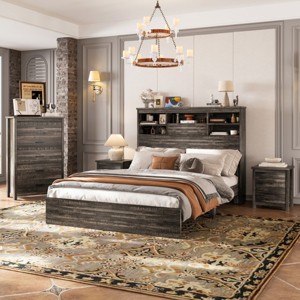 4-Pieces Bedroom Sets, Queen Size Vintage Wooden Bed Frame With 2 Nightstands And 1 Dresser, Queen Bed Frame With Headboard-Cuddlewood - 1 of 4