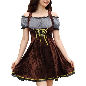 Women Off Shoulder Velvet 1 Piece Dress Plaid Lace Trim Vintage Midi Dress - 1 of 4