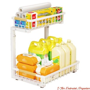 Kitchen 2-Tier Undersink Organizer, with Adjustable Height(16.5-19.2''), Pull Out Cabinet Organizers- 4 Non-Slip Suction Cups, Carbon Steel Spice Rack - 1 of 4